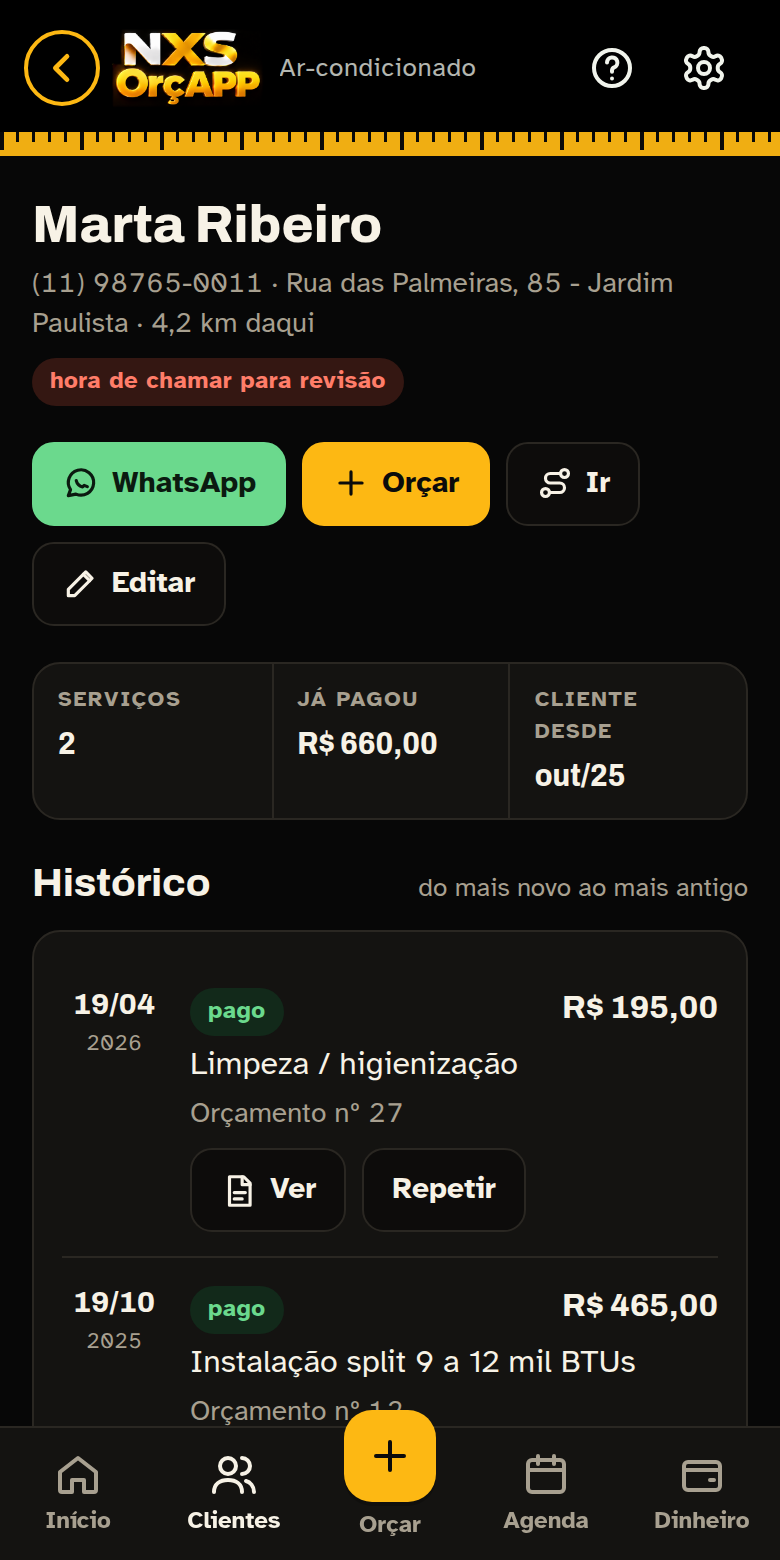 Ficha do cliente com histórico de serviços